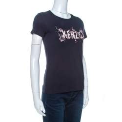Pre Owned Kenzo Navy Blue Floral Logo Print Short Sleeve T-Shirt XS