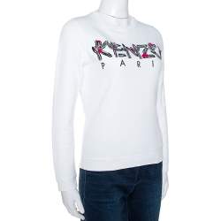 Pre Owned Kenzo White Logo Embroidered Cotton Long Sleeve Sweatshirt XS
