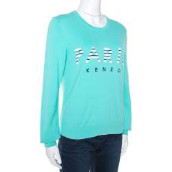 Pre Owned Kenzo Aqua Blue Paris Intarsia Knit Long Sleeve Jumper L