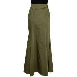 Pre Owned Kenzo Olive Green Stretch Cotton Flared Maxi Skirt S