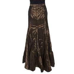 Pre Owned Kenzo Black & Gold Striped Taffeta Maxi Skirt L