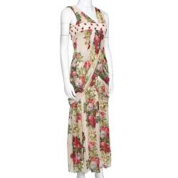 Kenzo Beige Polka Textured Floral Print Silk Draped Maxi Dress S