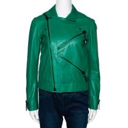  Kenzo Green Eye Embroidered Leather Zip Front Jacket S
