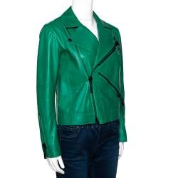  Kenzo Green Eye Embroidered Leather Zip Front Jacket S