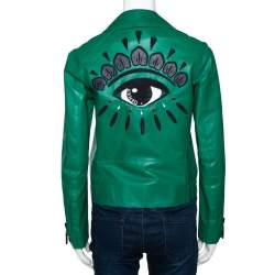  Kenzo Green Eye Embroidered Leather Zip Front Jacket S
