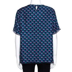 Pre Owned Kenzo Midnight Blue Printed Star Patterned Silk Jacquard Top L