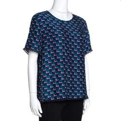 Pre Owned Kenzo Midnight Blue Printed Star Patterned Silk Jacquard Top L