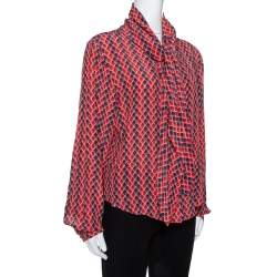 Pre Owned Kenzo Red Printed Silk Neck Tie Detail Long Sleeve Shirt L