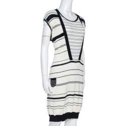 Pre Owned Kenzo Off White & Navy Striped Cotton Knit Sweater Dress L