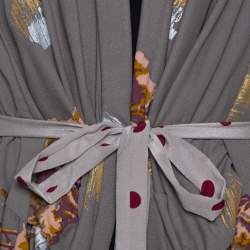 Pre Owned كيمونو كينزو حزام مطبوع مورد و بولكا دوت حرير عنابي و رصاصي مقاس صغير (سمول)