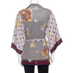 Pre Owned كيمونو كينزو حزام مطبوع مورد و بولكا دوت حرير عنابي و رصاصي مقاس صغير (سمول)