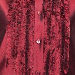 Kenzo Maroon Silk Ruffled Detail Long Sleeve Blouse M 