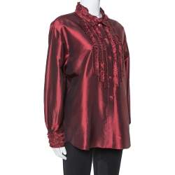 Kenzo Maroon Silk Ruffled Detail Long Sleeve Blouse M 