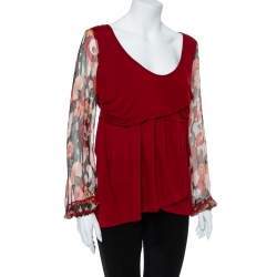 Pre Owned Kenzo Burgundy Cotton Blend Floral Print Long Sleeve Blouse L