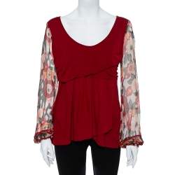 Pre Owned Kenzo Burgundy Cotton Blend Floral Print Long Sleeve Blouse L