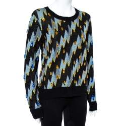 Pre Owned Kenzo Black Lightning Bolt Jacquard Wool Embellished Cardigan L