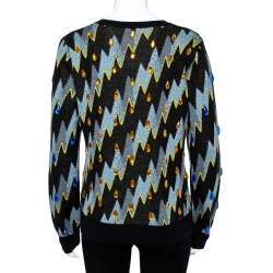 Pre Owned Kenzo Black Lightning Bolt Jacquard Wool Embellished Cardigan L