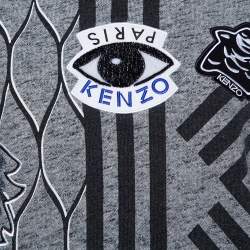 Pre Owned سويت شيرت كينزو أكمام طويلة مزين حلية شعار الماركة مطرز أيقونات متعددة رصاصي مقاس كبير جداً (اكس لارج)