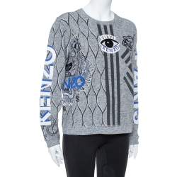 Pre Owned سويت شيرت كينزو أكمام طويلة مزين حلية شعار الماركة مطرز أيقونات متعددة رصاصي مقاس كبير جداً (اكس لارج)