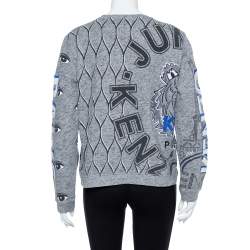 Pre Owned سويت شيرت كينزو أكمام طويلة مزين حلية شعار الماركة مطرز أيقونات متعددة رصاصي مقاس كبير جداً (اكس لارج)