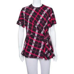 Kenzo Black Plaid Pattern Printed Crepe Waist Inset Tie Detail Top M