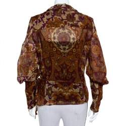 مملوكة مسبقًا جاكيت كينزو خفيف مزين رباط أمامي صوف مطبوع تجريدي بني مقاس كبير (لارج)