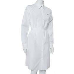 Pre Owned Kenzo White Tiger Embroidered Cotton Belted Shirt Dress S