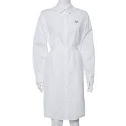 Pre Owned Kenzo White Tiger Embroidered Cotton Belted Shirt Dress S