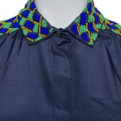 Pre Owned Kenzo Dark Grey Cotton & Silk Bead Embellished Button Front Crop Top S