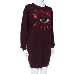 Pre Owned Kenzo Burgundy Wool Eye Embroidered Sweater Dress M