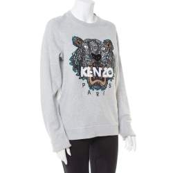 مملوكة مسبقًا Kenzo Grey Tiger Motif Embroidered Cotton Crewneck Sweatshirt S