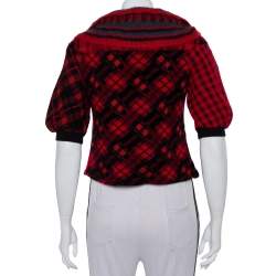 Pre Owned Kenzo Defile Red & Black Wool & Mohair Ruffled Button Front Short Cardigan S