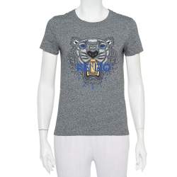 Pre Owned تي شيرت كينزو قطن رصاصي نقشة النمر مطبوعة برقبة مستديرة مقاس صغير - سمول