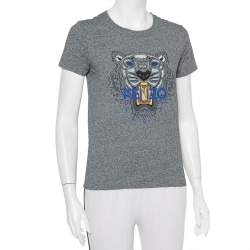 Pre Owned تي شيرت كينزو قطن رصاصي نقشة النمر مطبوعة برقبة مستديرة مقاس صغير - سمول