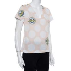 Pre Owned Kenzo Beige Polka Dot Logo Printed Cotton V-Neck Top S