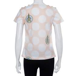 Pre Owned Kenzo Beige Polka Dot Logo Printed Cotton V-Neck Top S