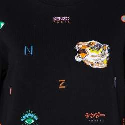 Pre Owned Kenzo Black Logo Tiger Printed Cotton Embroidery Detail Crewneck Sweater Dress M