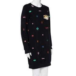 Pre Owned Kenzo Black Logo Tiger Printed Cotton Embroidery Detail Crewneck Sweater Dress M