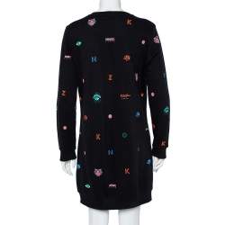 Pre Owned Kenzo Black Logo Tiger Printed Cotton Embroidery Detail Crewneck Sweater Dress M