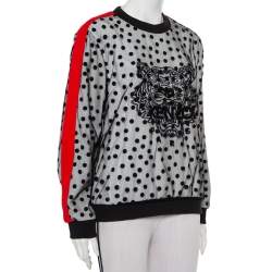 Pre Owned Kenzo Black Polka Dot Tulle Tiger Embroidered Contrast Trim Crewneck Sweatshirt L