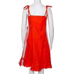 Pre Owned Kenzo Orange Cotton Striped Trim Tie Detail Ruffled Dress M
