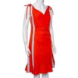 Pre Owned Kenzo Orange Cotton Striped Trim Tie Detail Ruffled Dress M