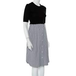 Pre Owned Kenzo Black Knit & Striped Cotton Paneled Midi Dress S