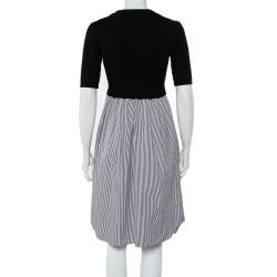 Pre Owned Kenzo Black Knit & Striped Cotton Paneled Midi Dress S