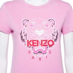 مملوكة مسبقًا تي شيرت كينزو قطن مطبوع نمر أبيض وردي رقبة مستدديرة مقاس وسط (ميديوم)