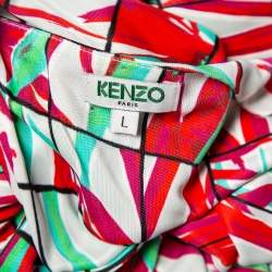 Pre Owned Kenzo Multicolor Block Flower Printed Jersey Overlay Detail Maxi Dress L