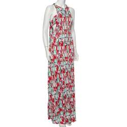 Pre Owned Kenzo Multicolor Block Flower Printed Jersey Overlay Detail Maxi Dress L