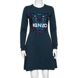 Pre Owned Kenzo Teal Tiger Embroidered Cotton Sweater Dress S