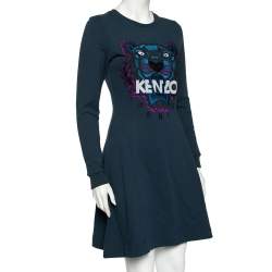 Pre Owned Kenzo Teal Tiger Embroidered Cotton Sweater Dress S