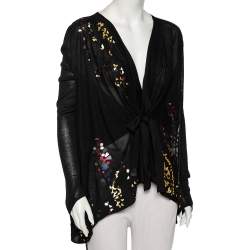 Pre Owned كارديغان كينزو حرير تريكو أسود مزخرف بحزام وياقة ووترفول مقاس صغير - سمول 